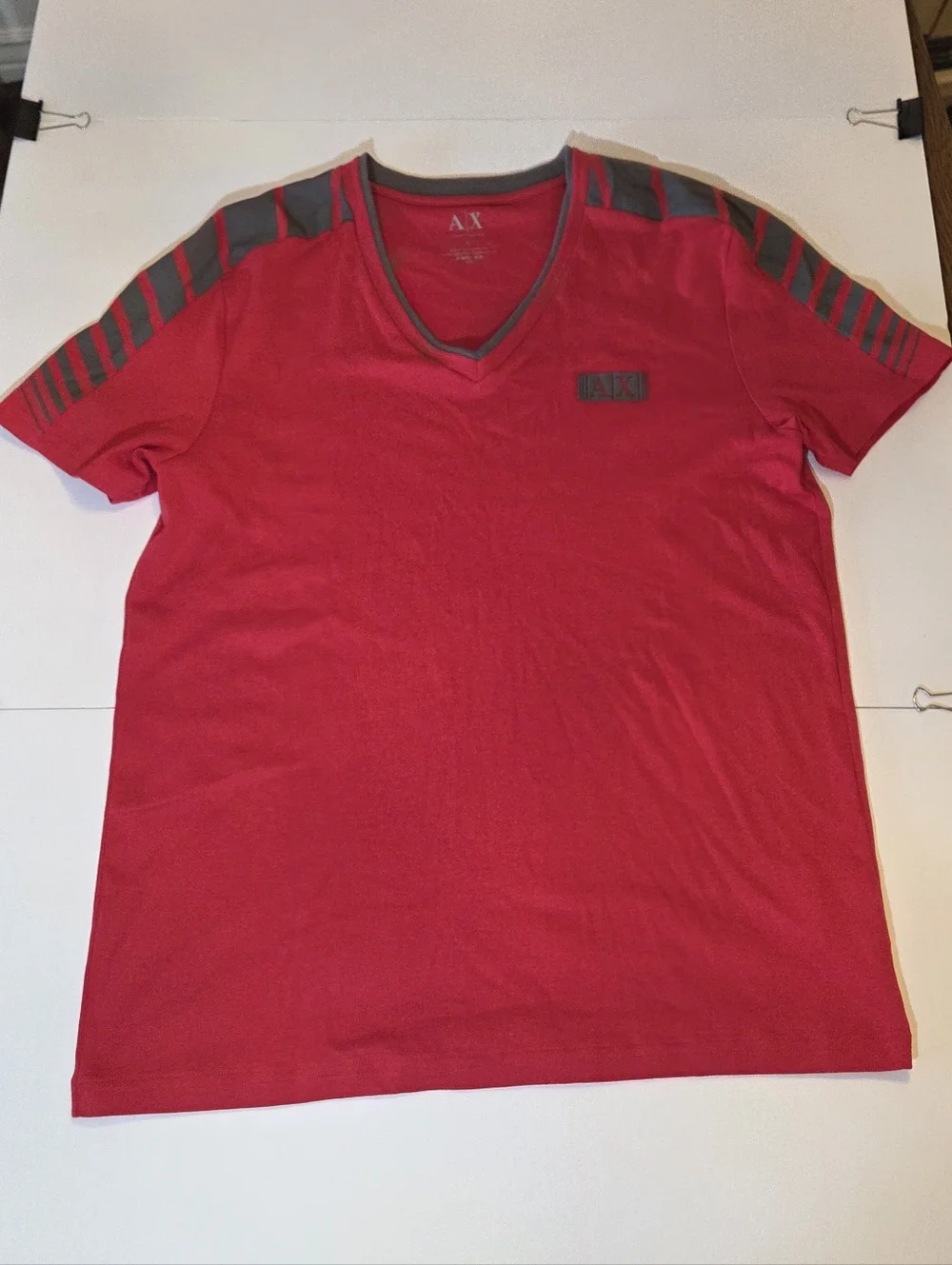 A/X Armani Exchange Red V-Neck Short Sleeve Tee with Gray Shoulder Stripes - Picture 2 of 10